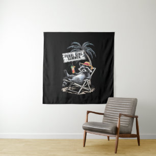 Tapete De Parede Verão de Menina Selvagem na Praia, Guaxinim Engraç