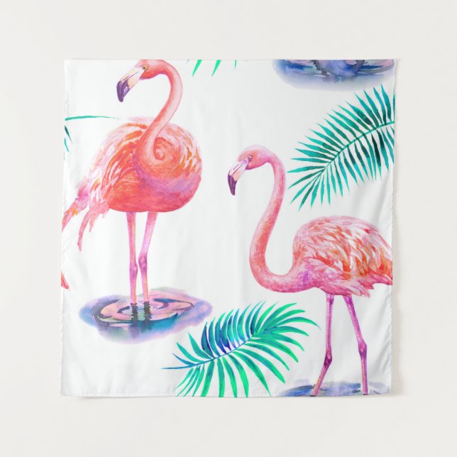 Tapete De Parede Verão tropical com folhas de palma de flamingos e  (Frente)