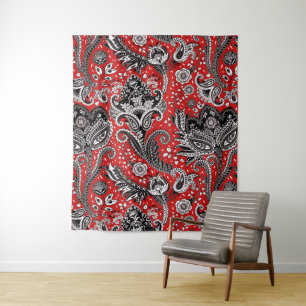 Tapete De Parede Vermelho Preto & Branco Floral Paisley Boêmio Boho