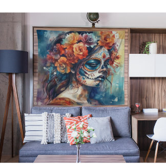 Tapete De Parede Vibrant Watercolor Dia de los Muertos Catrina