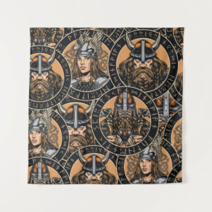 Tapete De Parede Viking Warriors: Padrão Colorido de Vintage