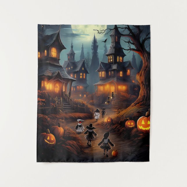 Tapete De Parede Vila Assustadora de Halloween com Truques ou Trata (Frente)