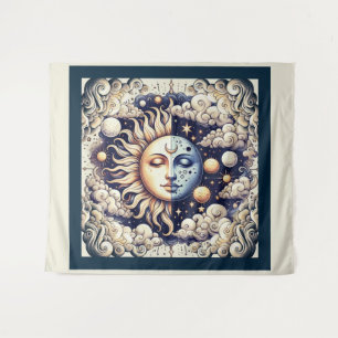 Tapete De Parede Vintage Celestial Meio Sol & Lua Azul Amarelo