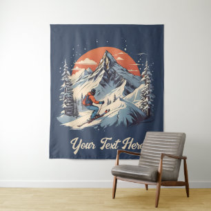 Tapete De Parede Vintage Mountain Pine Skiing Laranja Sunset