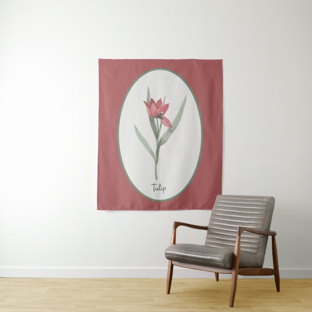 Tapete De Parede Vintage Red Tulip Flower Cameo (In Situ)