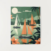 Vintage Tropical Beach e Sailboat