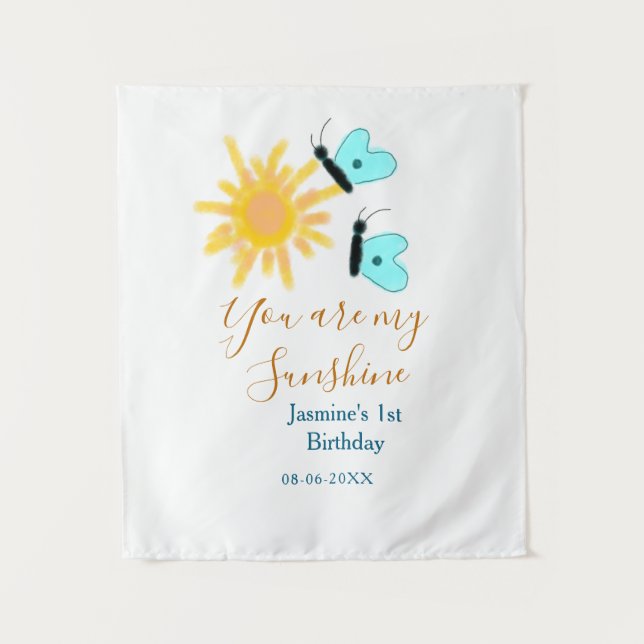 Tapete De Parede Você é meu sol amarelo laranja sol azul borboleta (Frente)