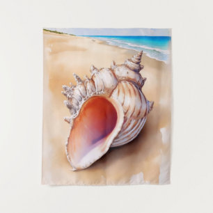 Tapete De Parede Watercolor Conch Shell na Praia