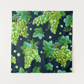 Tapete De Parede Watercolor green grape, leaves on dark background.