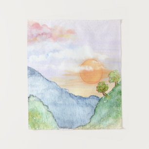 Tapete De Parede Watercolor Sunset sobre Montanhas e Árvores