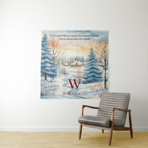 Tapete De Parede Watercolor Winter Snowflat Hut em Monograma Flores