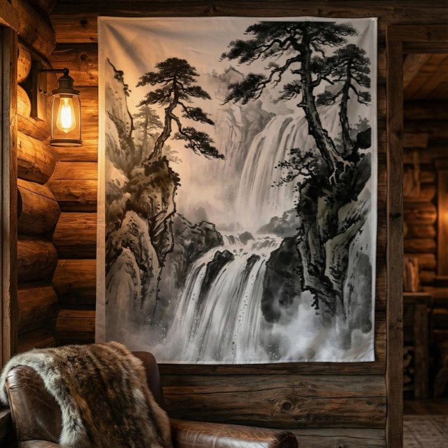 Tapete De Parede Waterfall Tapestry | Black & White Mountain Art (Criador carregado)