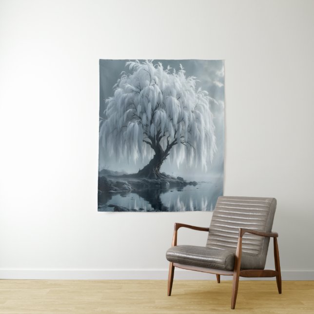 Tapete De Parede Weeping willow by a pond, black and white  (In Situ)