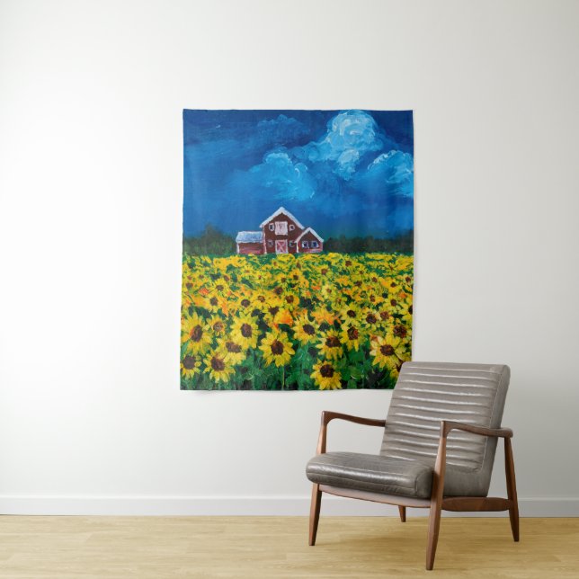 Tapete De Parede western country red barn summer sunflower field (In Situ)