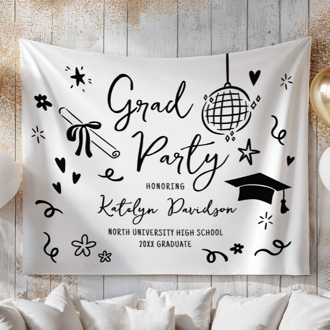 Tapete De Parede Whimsical Black Doodle Custom Grad Party Backdrop (Criador carregado)