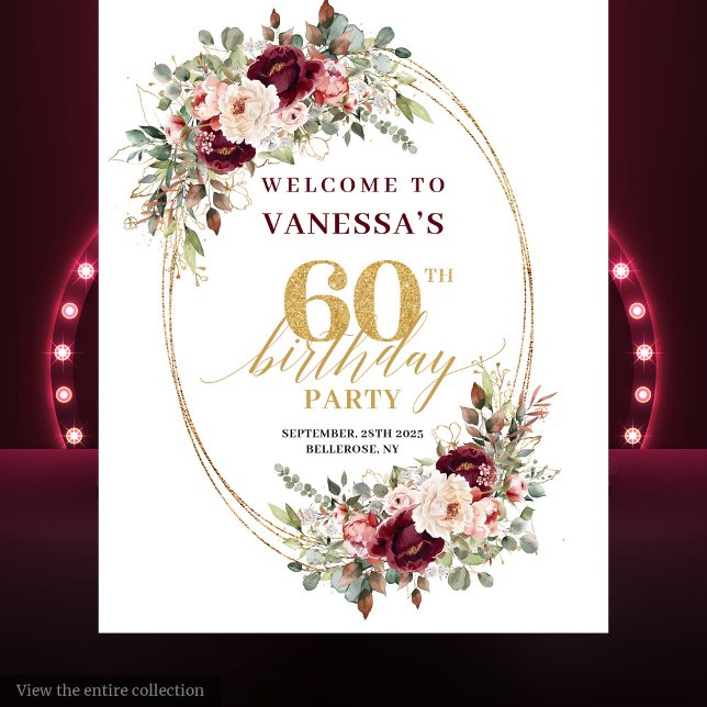 Tapete De Parede Whimsical Burgundy Gold Greenery 60th Birthday  (Whimsical Burgundy Gold Greenery 60th Birthday Banner)