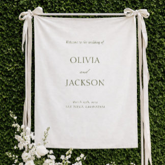 Tapete De Parede White and Green Wedding Welcome Sign Fabric