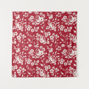 Tapete De Parede White flowers silhouette on red background. Seamle
