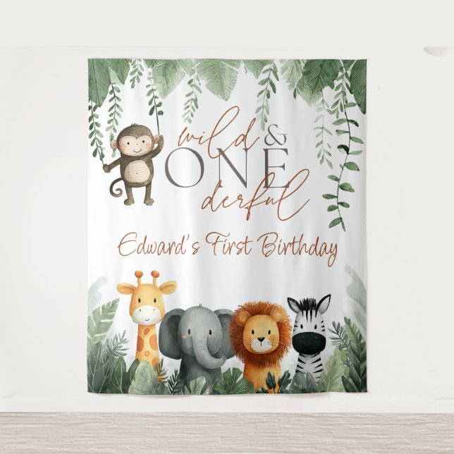 Tapete De Parede Wild And Onederful Jungle 1st Birthday Backdrop (Frente)