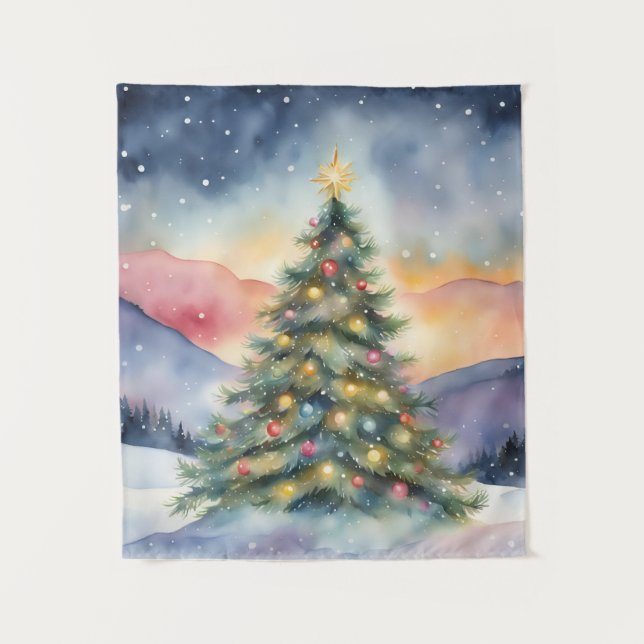 Tapete De Parede Winter Christmas Tree Snowy Sunset Scenery (Frente)