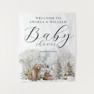 Tapete De Parede Winter Forest Woodland Rustic Baby Shower Welcome