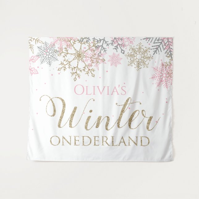 Tapete De Parede Winter Onederland Pink Girl Primeiro Aniversário (Frente (Horizontal))