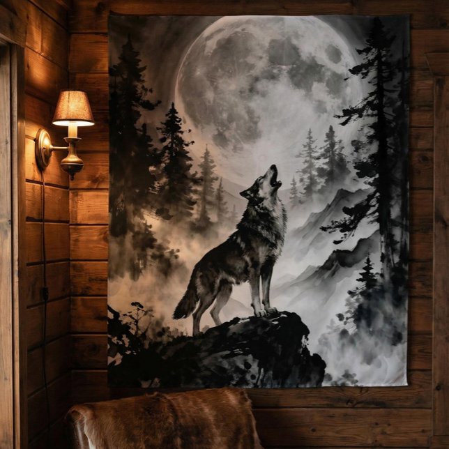 Tapete De Parede Wolf Howling at Moon Tapestry | Dark Forest (Criador carregado)