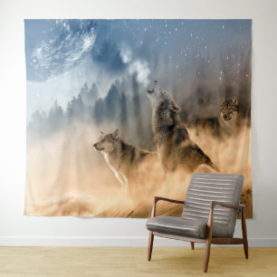 Tapete De Parede Wolves Howling Na Lua / Lobos Bonitos