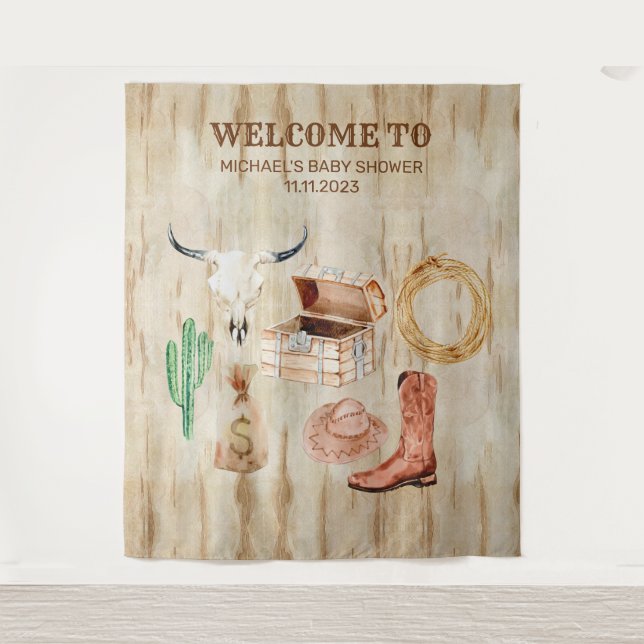 Tapete De Parede Wood Cowboy Baby Shower welcome backdrop (Frente)