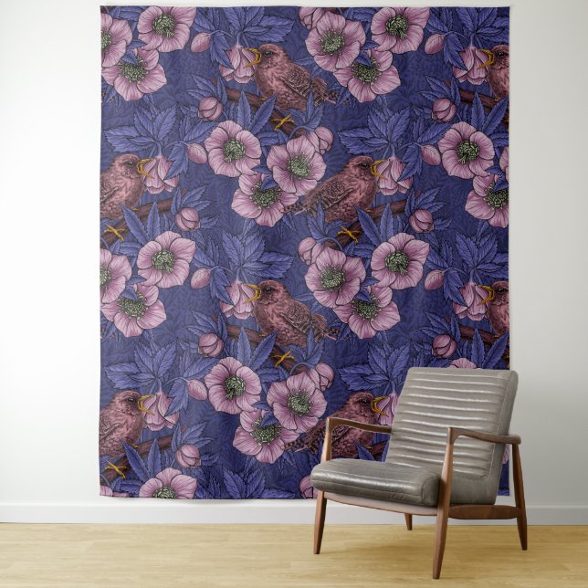 Tapete De Parede Wren e hellebore, violeta e rosa (In Situ)