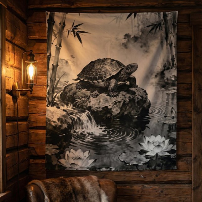 Tapete De Parede Zen Turtle Tapestry | Lotus Pond Ink Art  (Criador carregado)