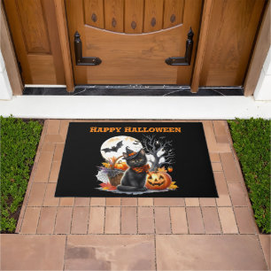 Tapete de Porta de Halloween Gato Assustador e Abó