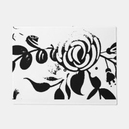 Tapete de Porta de Lona Floral Preto e Branco Clás