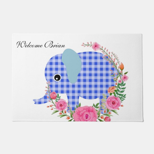 Tapete de Porta Elefante Azul Floral (Frente)