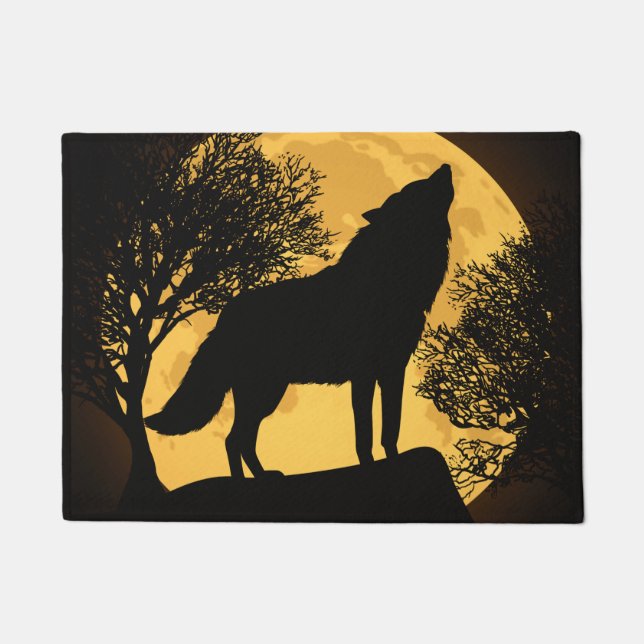 Tapete de Porta Lua Cheia Lobo Preto e Amarelo (Frente)
