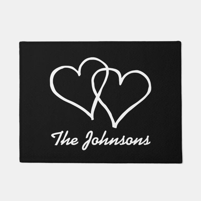 tapete de porta preto e branco com corações interp (Frente)