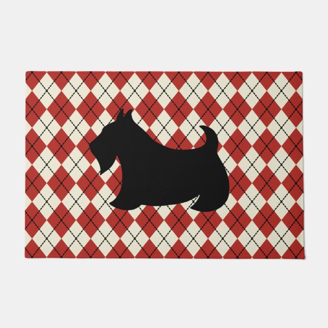 Tapete de Porta Scottish Terrier Argyle Vermelho (Frente)
