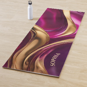 Tapete De Yoga Abstrato-Flow Art-Fuchsia Roxo e Dourado-