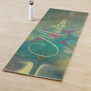 Tapete De Yoga Abstrato Moderno Mandala Flor Escuro Verde Dourado