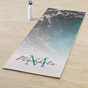 Tapete De Yoga Água do mar azul esbranquiçada, espumosa, azul-esc