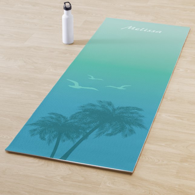 Tapete De Yoga Aqua Blue Palm Treine And Birds Tropical Summer (In Situ)