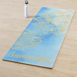 Tapete De Yoga Aqua Tie Dye e Dourado nome personalizado das flor