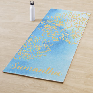 Tapete De Yoga Aqua Tie Dye e Dourado nome personalizado das flor