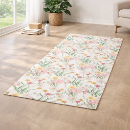 Tapete De Yoga Aquarela Flor Silvestre Verde Rosa