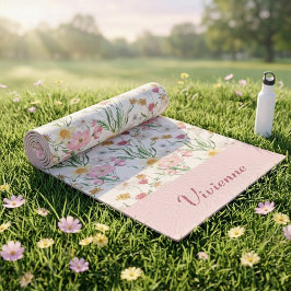 Tapete De Yoga Aquarela Flor Silvestre Verde Rosa Nome Personaliz
