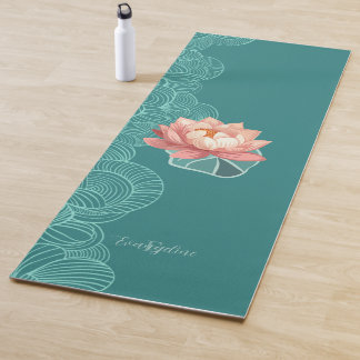 Tapete De Yoga Aquarela Lótus Pêssego em Azul Personalizado