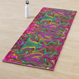 Tapete De Yoga Arte Abstrata Rosa Quente Marmorizada e Verde Espu