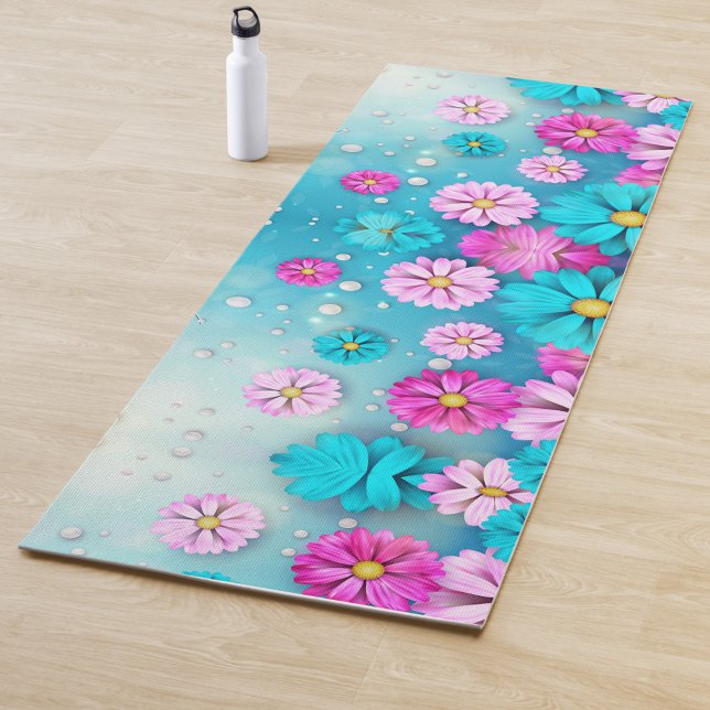 Tapete De Yoga Arte Flor Mat Yoga (A vibrant yoga mat adorned with colorful flowers in shades of pink and blue.)