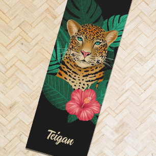 Tapete De Yoga Arte Floral bonito de Leopardo-da-Selva   Preto   