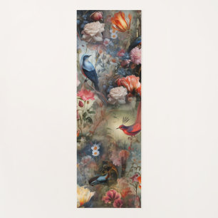 Tapete De Yoga Arte Surrealista com Flores e Aves